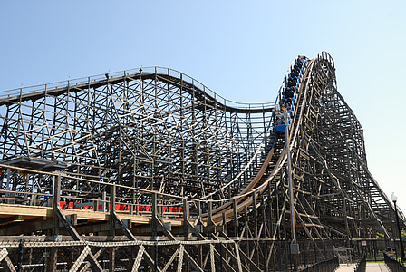 wooden roller coaster, ride, vintage, amusement, coaster, park, fun