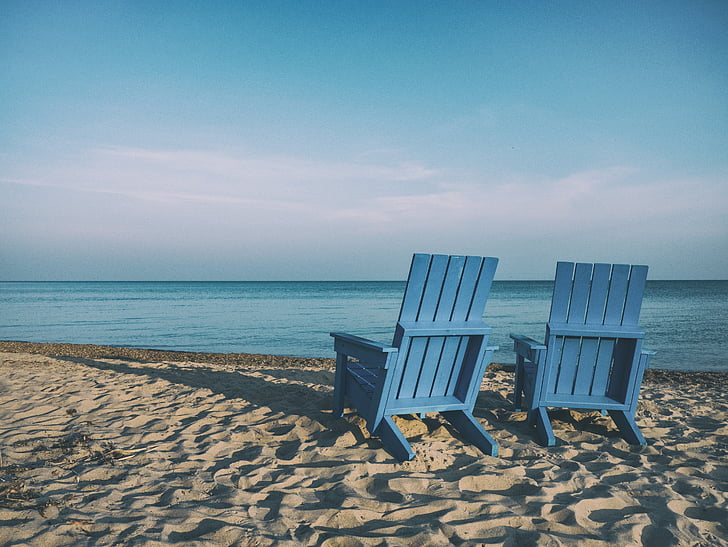 pláž, plážová lehátka, židle, oceán, písek, Já?, pobřeží