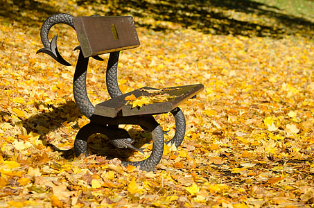 mùa thu, băng ghế dự bị, lá, lá, màu vàng, mùa giải, công viên