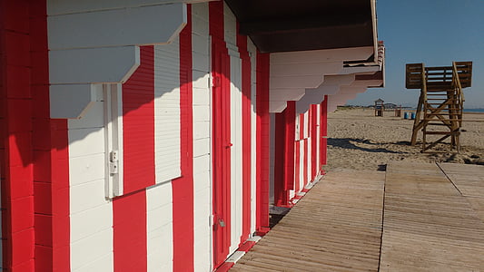 beach, booth, summer, since life jackets, red cross, surveillance, sand