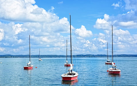 Barcos à vela, Porto, Barcos, mastros de barco, mastros, Lago, Chiemsee