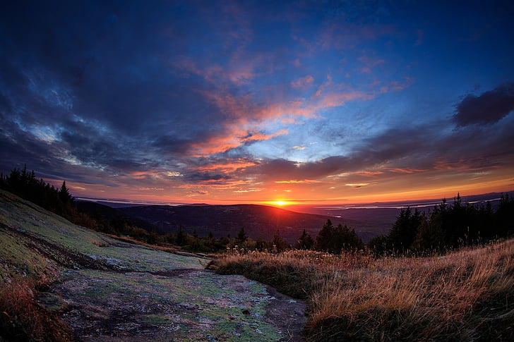 Sunset, naturskønne, farverige, landskab, Blue hill overse, Acadia nationalpark, Maine