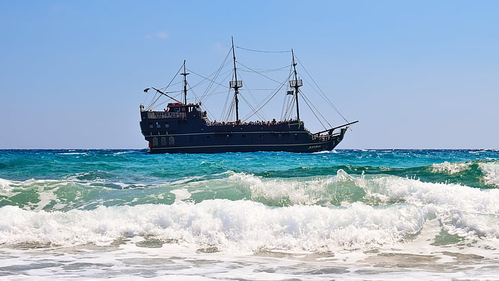 waves, crush, sea, boat, pirate ship, seascape, horizon