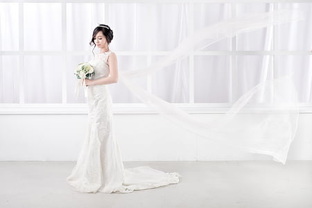 булката, се оженят, прическа, бял цвят, сватбена рокля, сватба, една жена само