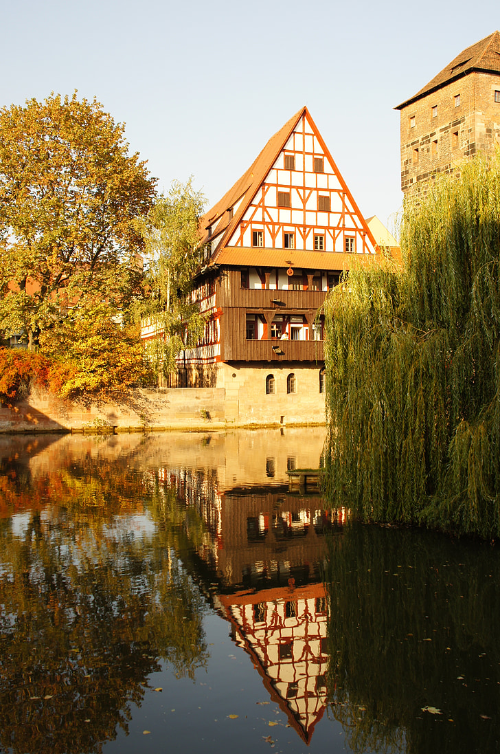 Norimberk, Pegnitz, staré město, podzim, budova, řeka, Most