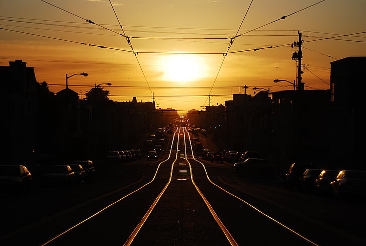 coches, silueta, calle, salida del sol, puesta de sol, líneas de tranvía, transporte