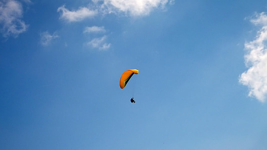 paragliding, fly, himmelen, skyer, blå, humør