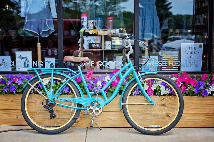 Vintage fiets, fiets, Turquoise fiets, Classic, Retro, zomer ouderwetse, fiets