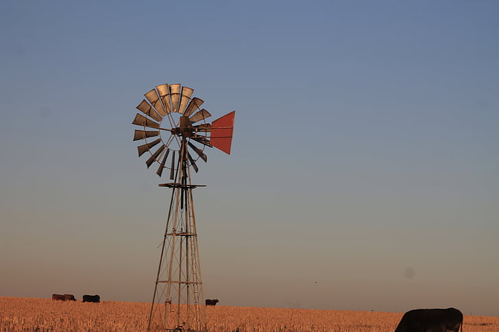 molino de viento, Sudáfrica, tierras de labrantío, puesta de sol, rural