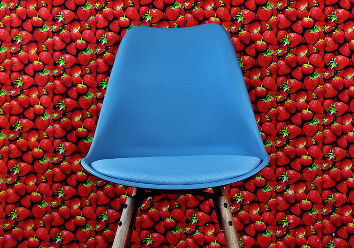 cadeira, fundo moderno, morangos, vermelho, frutas