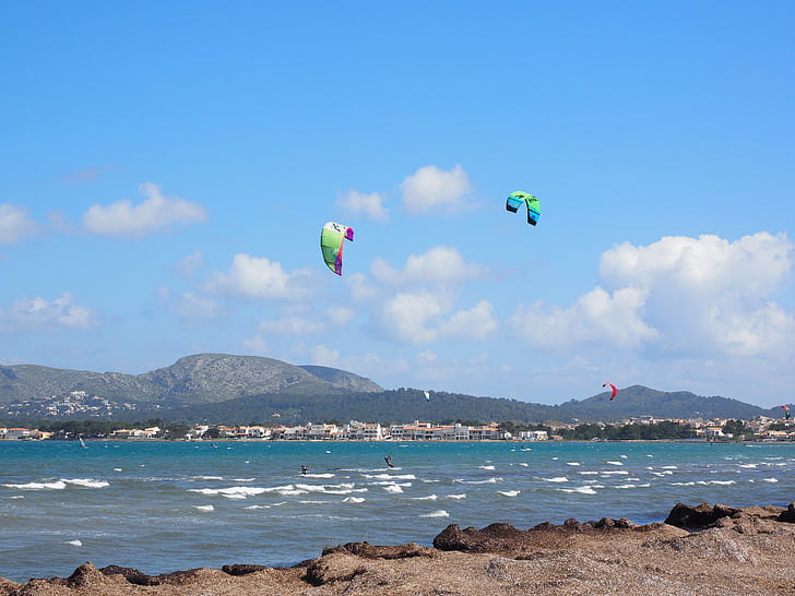 kitesurfer, sport, sea, wind, water, bay of pollensa, peninsula