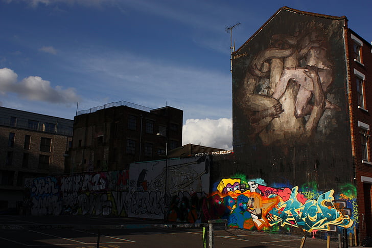 London, Brick lane, staden, Graffiti, arkitektur, väggen, konst