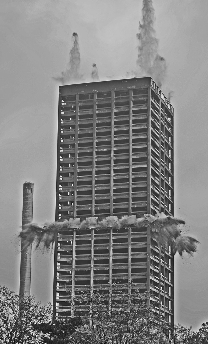 blowing up, afe tower, frankfurt, demolition, explosion, collapse, dilapidated