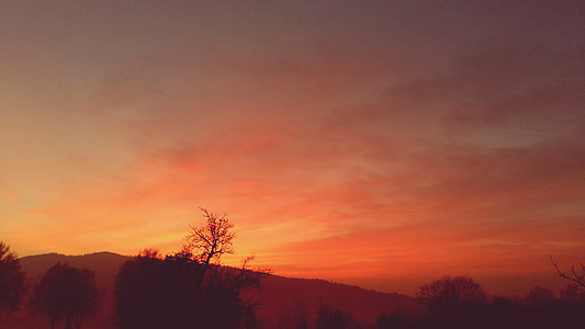 aften, Sunset, landskab, rød, orange