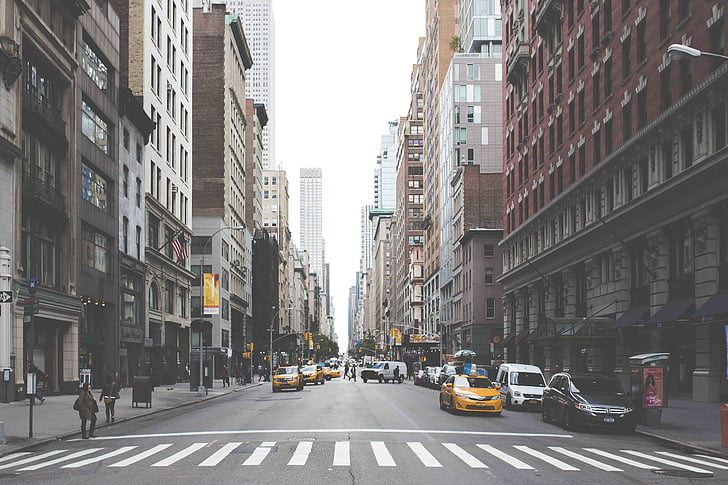 épületek, vezetőfülke, autók, város, átkelés, crosswalk, New york city