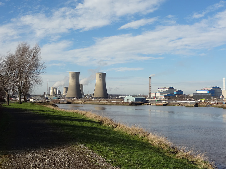 cooling towers, river, industry, plant, power plant, electricity, generation