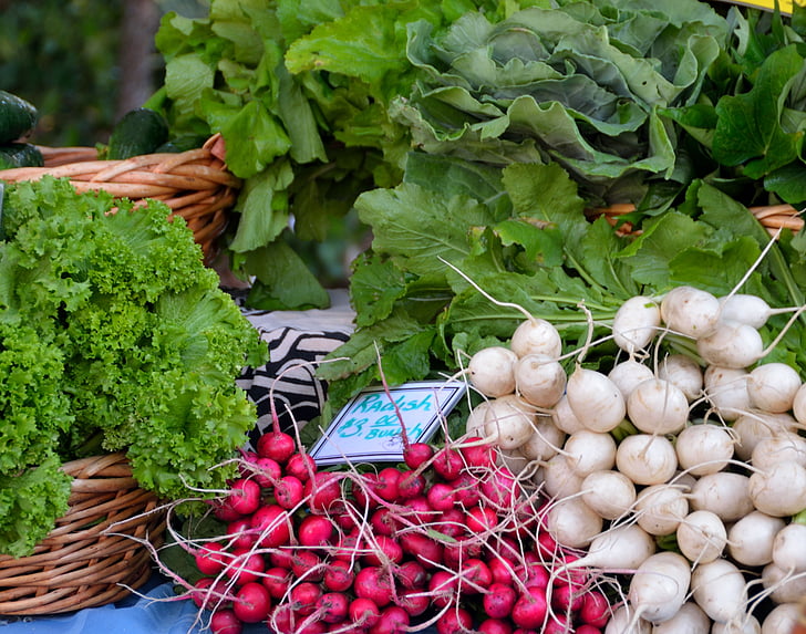 radis, légumes, pour la vente, laitue, verts, en bonne santé, alimentaire