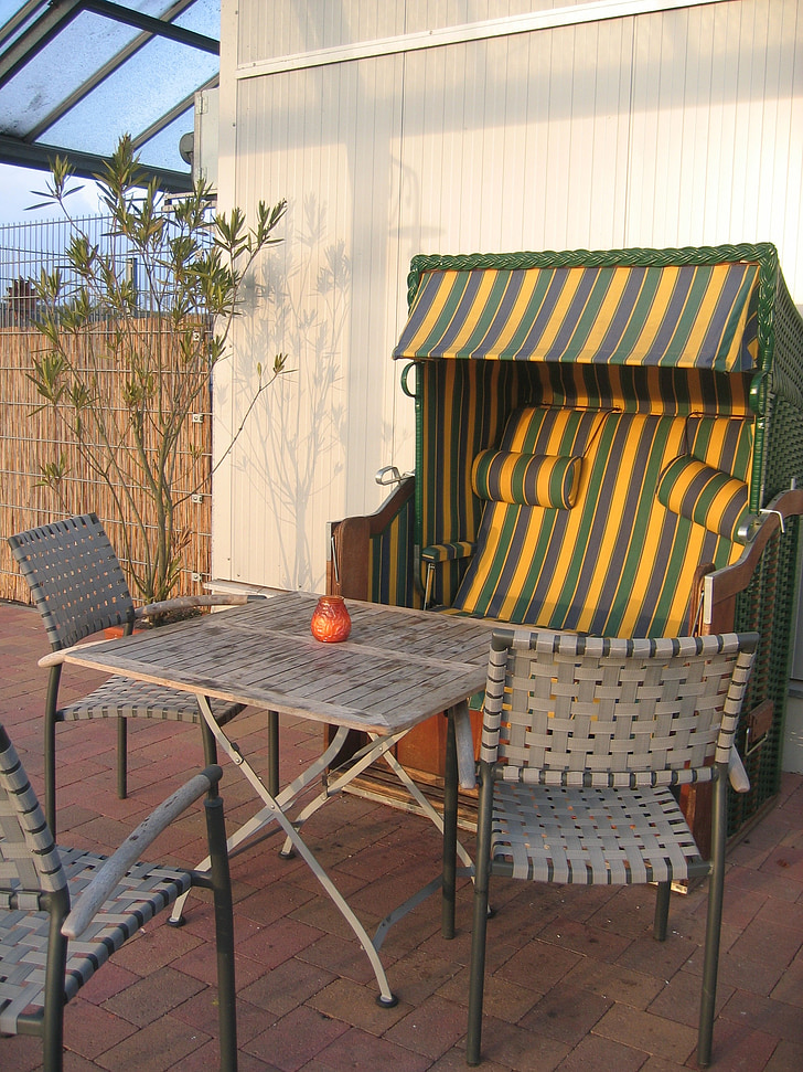 cadira de platja, taula, cadira, restaurant al jardí, mobles, paret