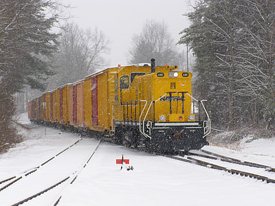 train, locomotive, voitures, hiver, neige, glace, paysage