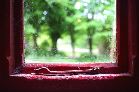 old, window, red, paint, green grass, trees, dark