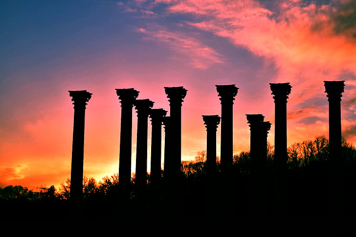 Arboretum, coucher de soleil, DC, Washington, colonnes, Grec, Parthénon