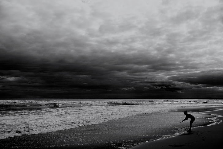 beach, black-and-white, kid, nature, ocean, outdoors, overcast