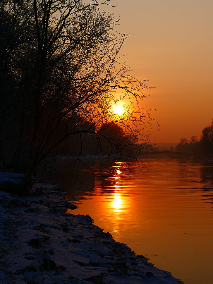 zachód słońca, zimowe, wody, Rzeka, Abendstimmung, dublowanie, Słońce