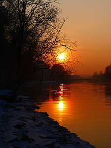 Západ slunce, Zimní, voda, řeka, abendstimmung, zrcadlení, slunce