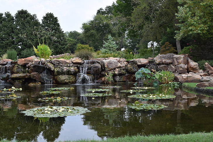 bridge, garden, arboretum, stone, pond, scenic, natural