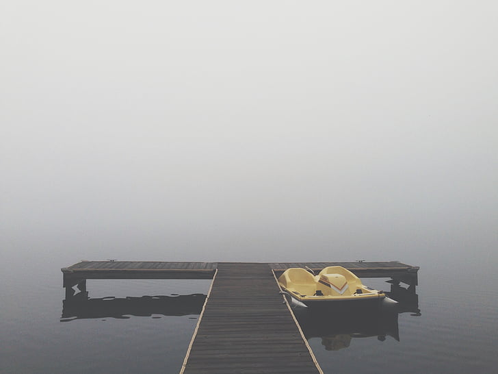 docka, dimmigt, sjön, paddel båt, vatten, trä - material