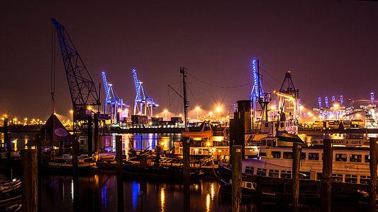 Hamburg, Harbour museum, containerhamn, natt, tranor, hamnen, nautiska fartyg