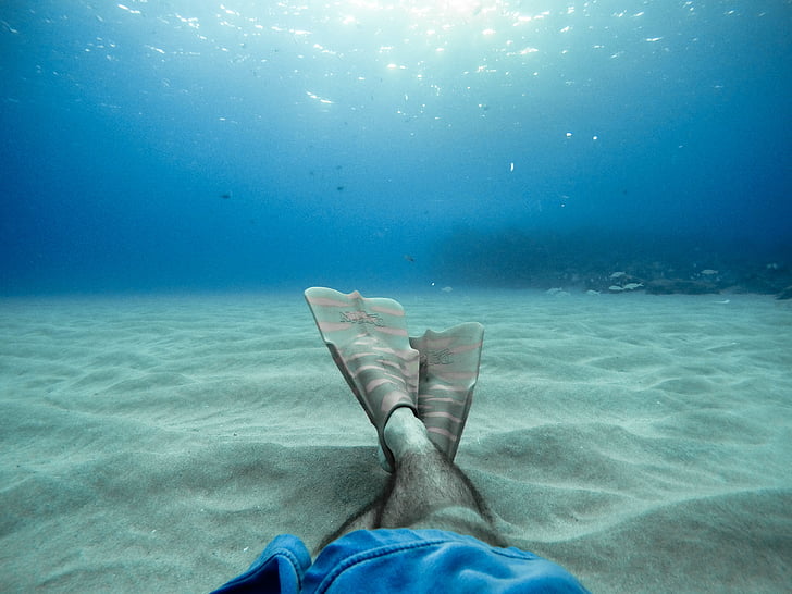 person, wearing, flippers, underwater, sea, ocean, blue