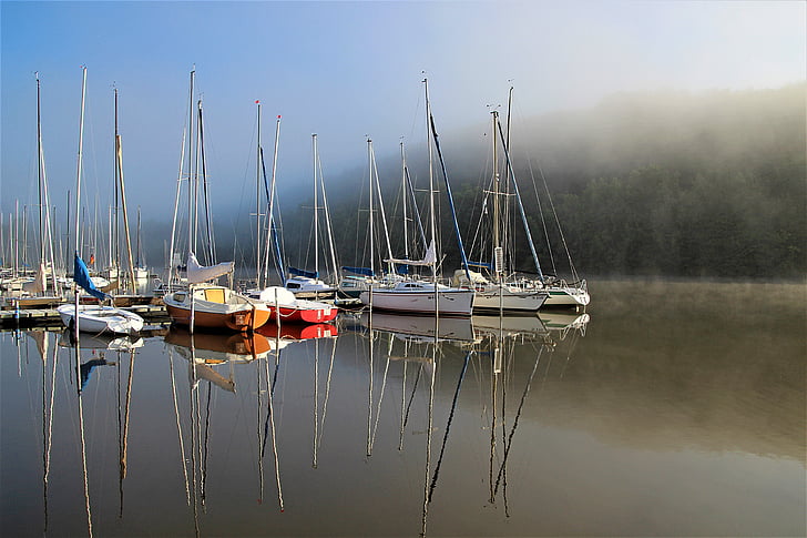 sailing boats, fog, water, morning haze, water sports, sail masts, lake