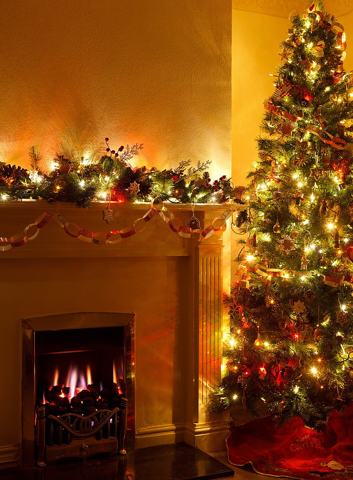udobno, decembra, dekoracija, večer, praznični, ogenj, kamin