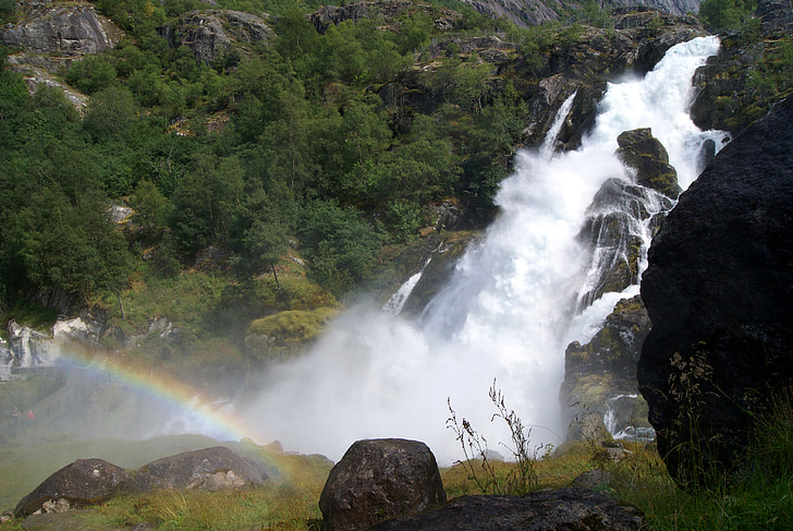 Cachoeira, arco-íris, natureza, Rio, água, Noruega, floresta