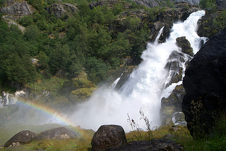 waterfall, rainbow, nature, river, water, norway, forest