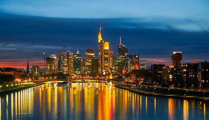 Frankfurt am main, Tyskland, Sunset, Dusk, City, Urban, bygninger