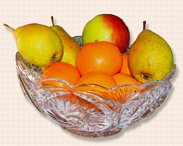 Fruitera, Poma, pera, mandarí, bol de vidre, fruita, fruites