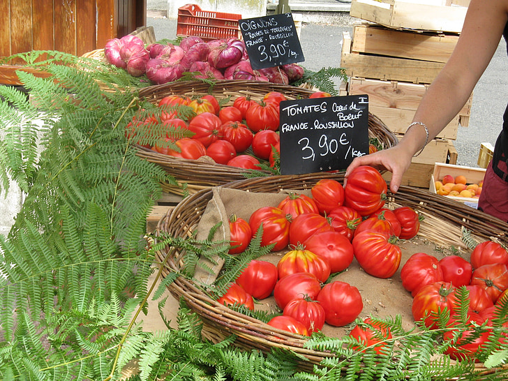 Francuska, tržište, rajčice, luk, povrće, hrana, francuski