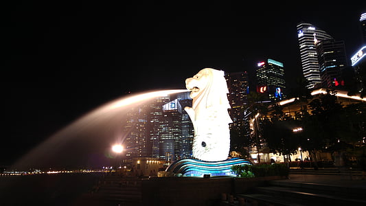 Singapur, noche, punto de referencia, Asia, agua, frente al mar, ciudad
