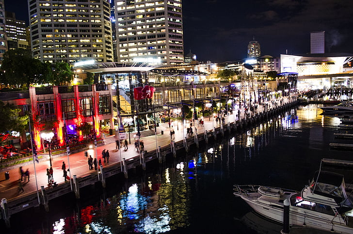 Darling harbour, Sydney, luci notturne, riflessione, luci, Australia, negozi