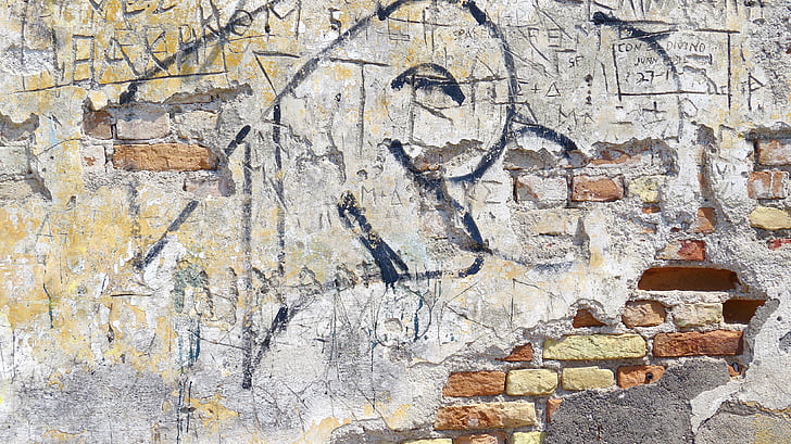 wall, lake dusia, the inscriptions, text, brick, brick wall, colors