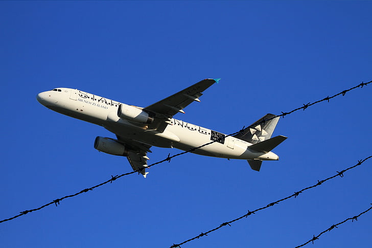 航空機離陸, ニュージーランド航空します。, エアバス, a320, 旅客機, オークランド, 柵線