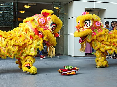 dança do leão, Chinês, tradição, ano novo, sorte, dança, asiáticos