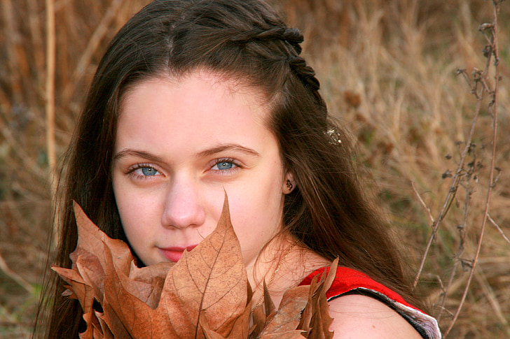 girl, portrait, blue eyes, leaves, nice