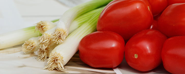 tomater, vårlök, grönsaker, friska, vitaminer, Frisch, äta