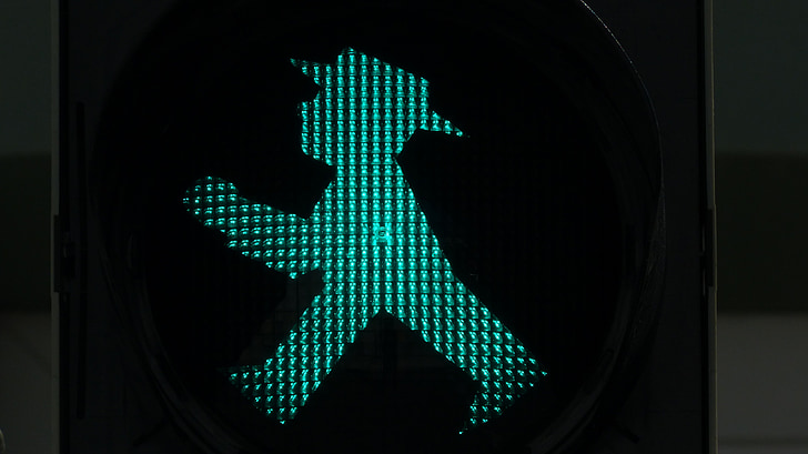 traffic lights, footbridge, little green man, traffic signal, green, males, light signal