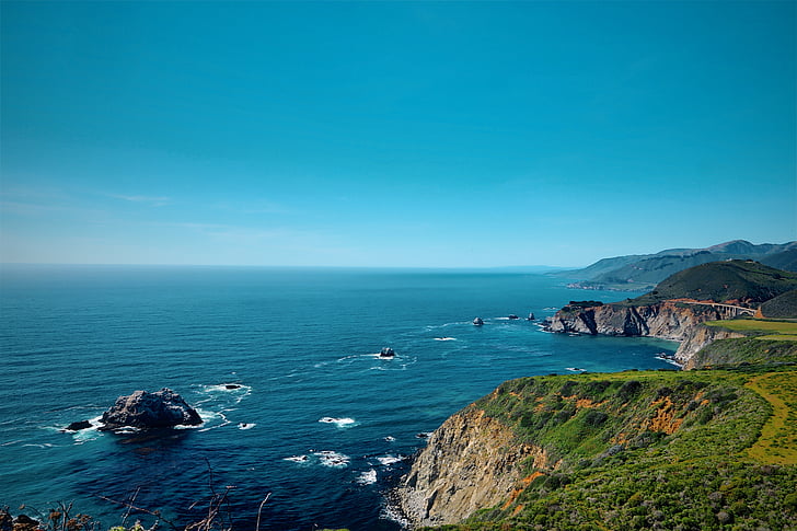 grön, stranden, Cliff, sida, Foto, dagtid, blå