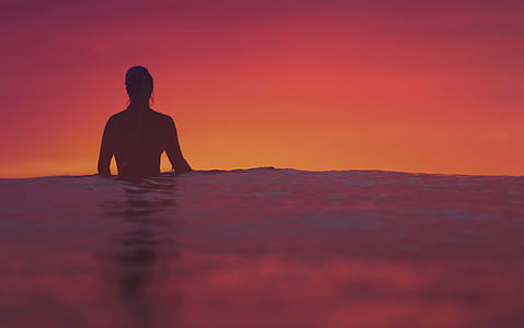 silhouette, person, calm, body, water, ocean, sea