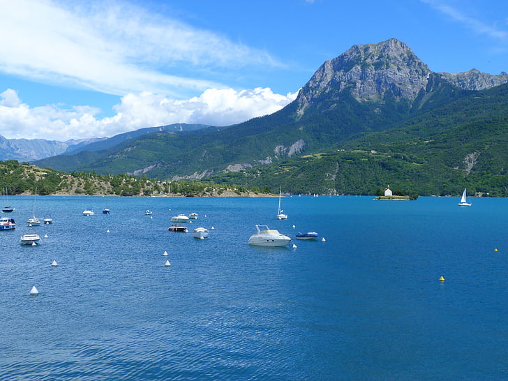 Jezioro serre-ponçon, Jezioro, krajobraz, Natura, Latem, góry, Alpy